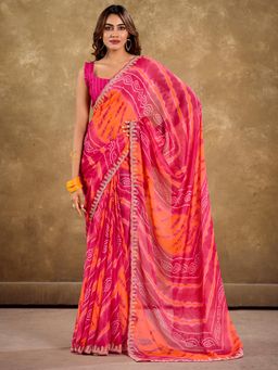 Akhilam - Women's Pure Chiffon Pink Printed Designer Saree with Unstitched Blouse
