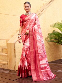 Akhilam - Women's Dola Silk Maroon Printed Designer Saree with Unstitched Blouse