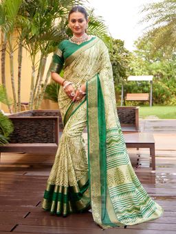 Akhilam - Women's Dola Silk Green Printed Designer Saree with Unstitched Blouse