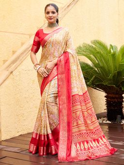 Akhilam - Women's Dola Silk Beige Printed Designer Saree with Unstitched Blouse