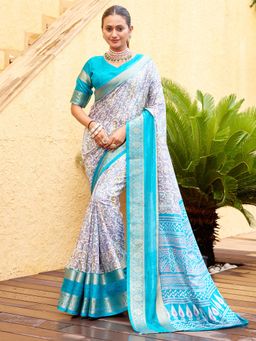 Akhilam - Women's Dola Silk Grey Printed Designer Saree with Unstitched Blouse