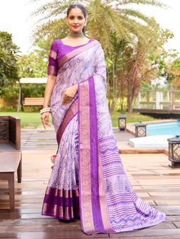Akhilam - Women's Dola Silk Lavender Printed Designer Saree with Unstitched Blouse