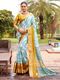 Akhilam - Women's Dola Silk Blue Printed Designer Saree with Unstitched Blouse