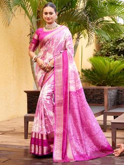 Akhilam - Women's Dola Silk Pink Printed Designer Saree with Unstitched Blouse