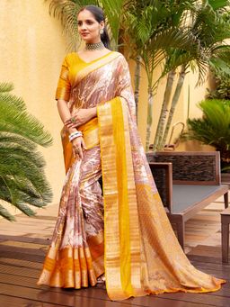 Akhilam - Women's Dola Silk Yellow Printed Designer Saree with Unstitched Blouse