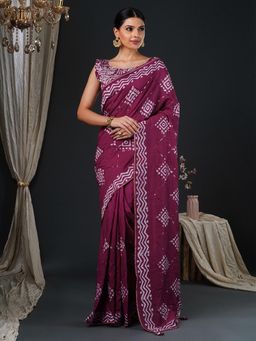 Akhilam - Women's Viscose Silk Wine Printed Designer Saree with Unstitched Blouse