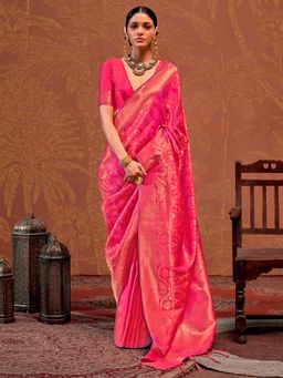 Akhilam - Women's Silk Blend Pink Woven Design Designer Saree with Unstitched Blouse