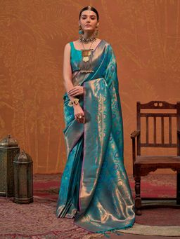 Akhilam - Women's Silk Blend Teal Blue Woven Design Designer Saree with Unstitched Blouse