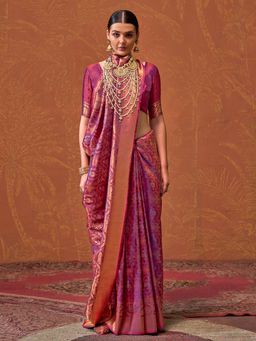 Akhilam - Women's Silk Blend Magenta Woven Design Designer Saree with Unstitched Blouse