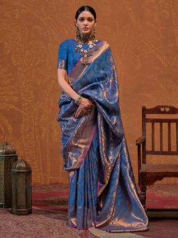 Akhilam - Women's Silk Blend Navy Blue Woven Design Designer Saree with Unstitched Blouse