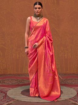 Akhilam - Women's Silk Blend Orange Woven Design Designer Saree with Unstitched Blouse