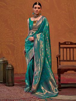 Akhilam - Women's Silk Blend Green Woven Design Designer Saree with Unstitched Blouse