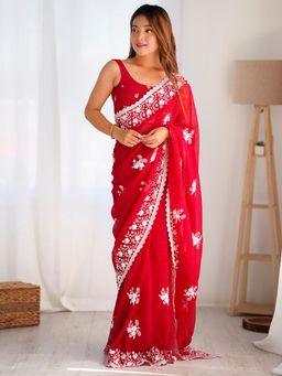 Akhilam - Women's Georgette Red Embellished Designer Saree with Unstitched Blouse