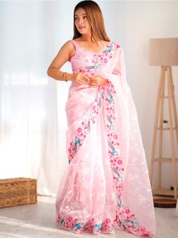 Akhilam - Women's Organza Pink Embroidered Designer Saree with Unstitched Blouse