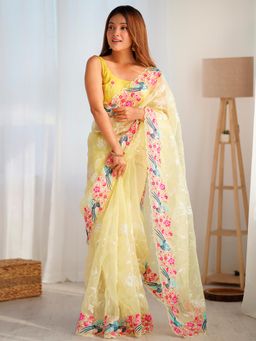 Akhilam - Women's Organza Yellow Embroidered Designer Saree with Unstitched Blouse