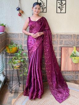 Akhilam - Women's Organza Magenta Embellished Designer Saree with Unstitched Blouse