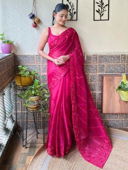Akhilam - Women's Organza Pink Embellished Designer Saree with Unstitched Blouse