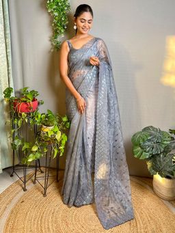 Akhilam - Women's Organza Grey Embellished Designer Saree with Unstitched Blouse