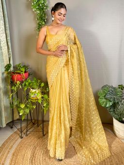 Akhilam - Women's Organza Mustard Embellished Designer Saree with Unstitched Blouse