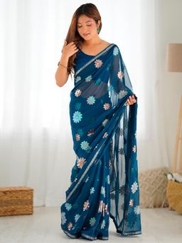 Akhilam - Women's Georgette Teal Blue Embellished Designer Saree with Unstitched Blouse