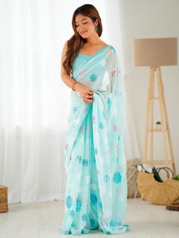 Akhilam - Women's Georgette Light Blue Embellished Designer Saree with Unstitched Blouse