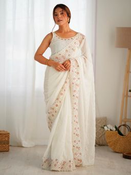 Akhilam - Women's Georgette White Embellished Designer Saree with Unstitched Blouse
