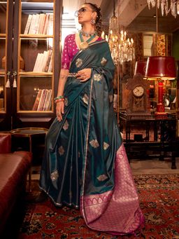 Akhilam - Women's Satin Silk Green Woven Design Designer Saree with Unstitched Blouse