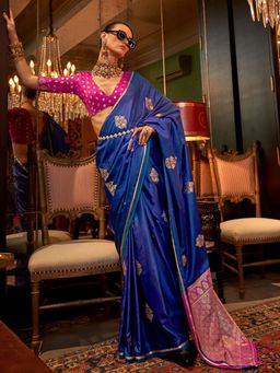 Akhilam - Women's Satin Silk Blue Woven Design Designer Saree with Unstitched Blouse