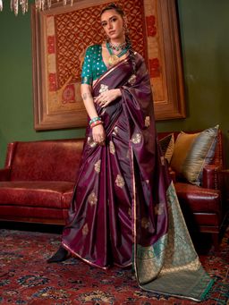 Akhilam - Women's Satin Silk Burgundy Woven Design Designer Saree with Unstitched Blouse