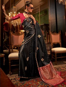 Akhilam - Women's Satin Silk Black Woven Design Designer Saree with Unstitched Blouse