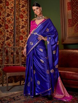 Akhilam - Women's Satin Silk Purple Woven Design Designer Saree with Unstitched Blouse