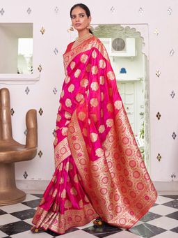 Akhilam - Women's Satin Silk Pink Woven Design Designer Saree with Unstitched Blouse