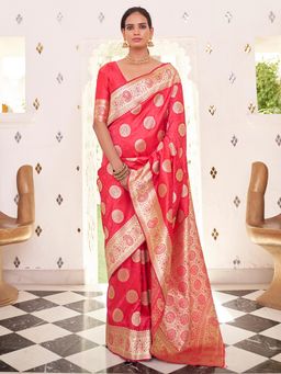 Akhilam - Women's Satin Silk Coral Woven Design Designer Saree with Unstitched Blouse