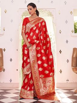 Akhilam - Women's Satin Silk Red Woven Design Designer Saree with Unstitched Blouse