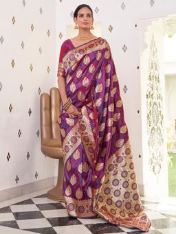 Akhilam - Women's Satin Silk Magenta Woven Design Designer Saree with Unstitched Blouse