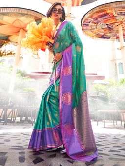 Akhilam - Women's Silk Blend Teal Woven Design Designer Saree with Unstitched Blouse