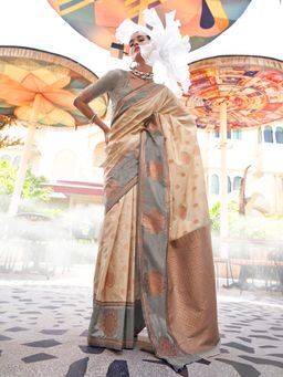 Akhilam - Women's Silk Blend Cream Woven Design Designer Saree with Unstitched Blouse
