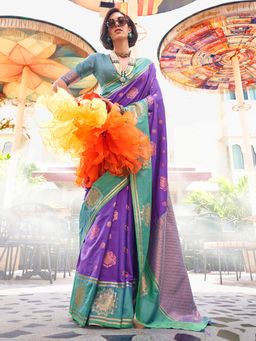 Akhilam - Women's Silk Blend Purple Woven Design Designer Saree with Unstitched Blouse