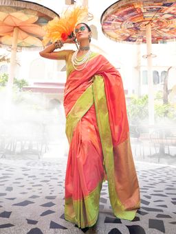 Akhilam - Women's Silk Blend Peach Woven Design Designer Saree with Unstitched Blouse
