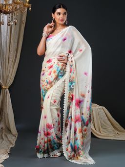 Akhilam - Women's Georgette Multi-coloured Digital Print Designer Saree with Unstitched Blouse