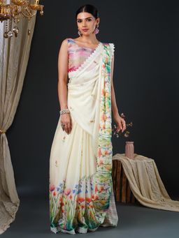 Akhilam - Women's Georgette Multi-coloured Digital Print Designer Saree with Unstitched Blouse