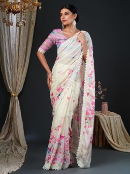 Akhilam - Women's Georgette Multi-coloured Digital Print Designer Saree with Unstitched Blouse