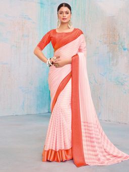 Akhilam - Women's Pure Chiffon Peach Printed Designer Saree with Unstitched Blouse