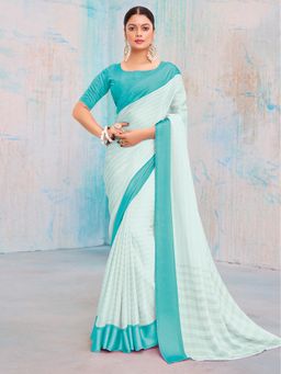 Akhilam - Women's Pure Chiffon Turquoise Printed Designer Saree with Unstitched Blouse