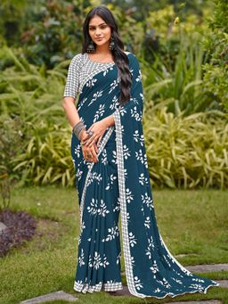 Akhilam - Women's Cotton Teal Printed Designer Saree with Unstitched Blouse