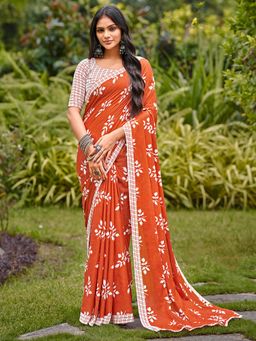 Akhilam - Women's Cotton Orange Printed Designer Saree with Unstitched Blouse