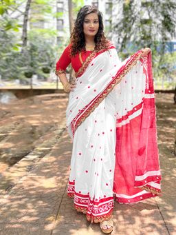 Akhilam - Women's Cotton White Embellished Designer Saree with Unstitched Blouse