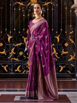 Akhilam - Women's Silk Blend Wine Woven Design Designer Saree with Unstitched Blouse