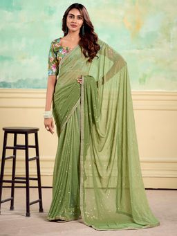 Akhilam - Women's Georgette Light Green Embellished Designer Saree with Unstitched Blouse