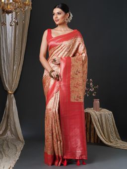Akhilam - Women's Silk Blend Beige Woven Design Designer Saree with Unstitched Blouse